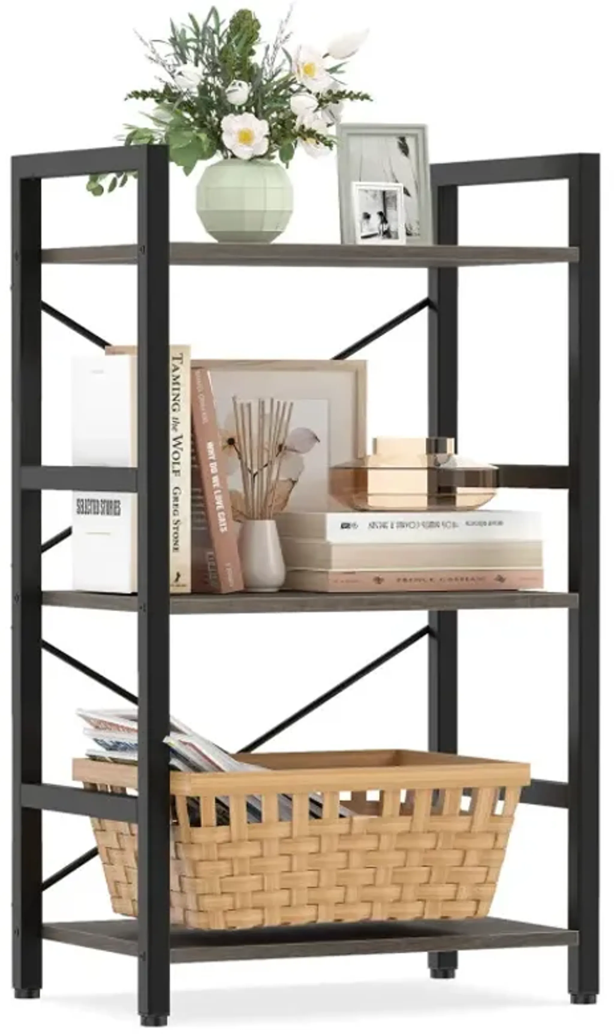 4 Tier Bookshelf With Metal Frame And Wooden Storage Racks For Study ...
