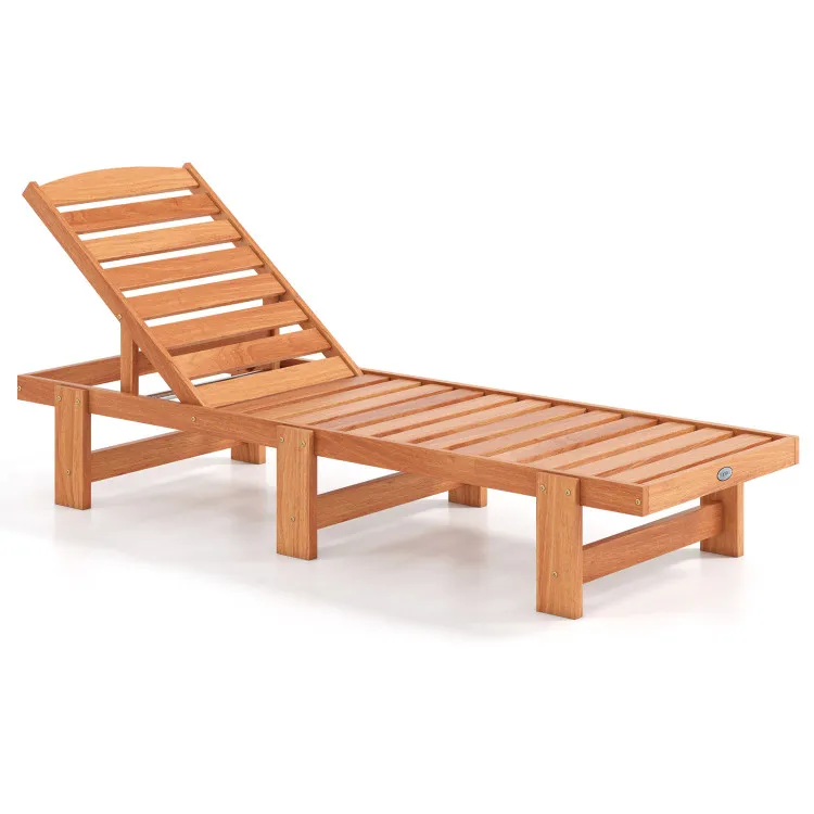 Patio Chaise Lounge Chair Solid Wood Slatted Recliner with Adjustable Backrest