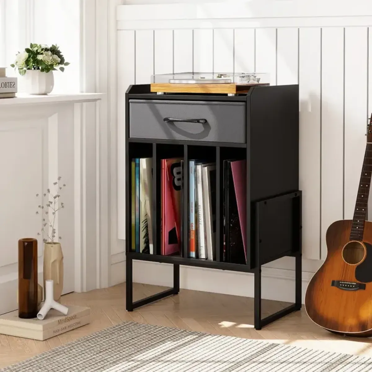 Record Player Stand with Drawer and Record Holder