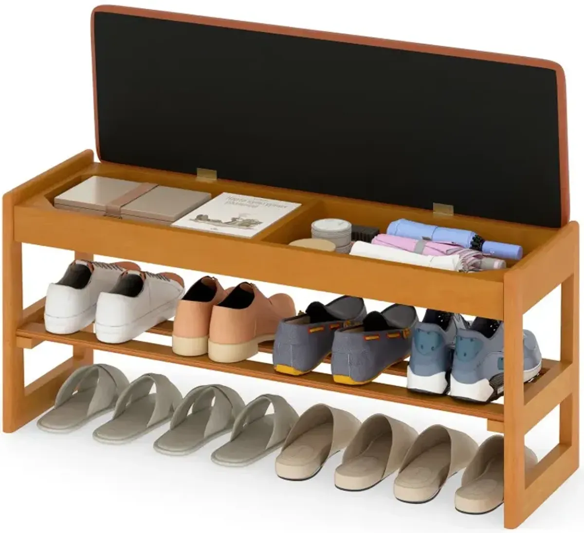 Shoe Rack Bench with Storage 2-Tier Rubberwood Entryway Bench with Flip-Open Storage