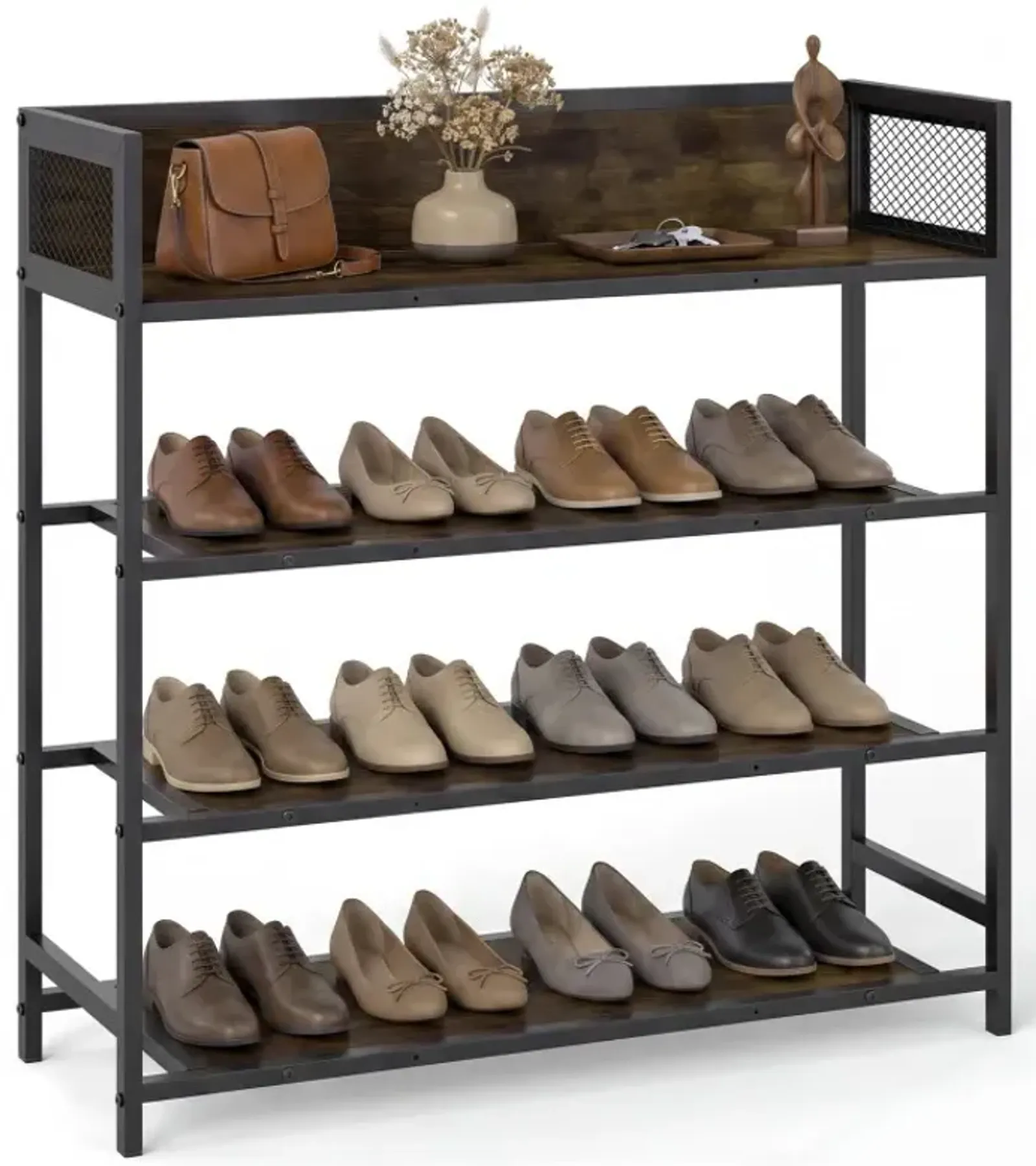 4-Tier Shoe Rack Industrial Shoe Organizer with Heavy Duty Metal Frame
