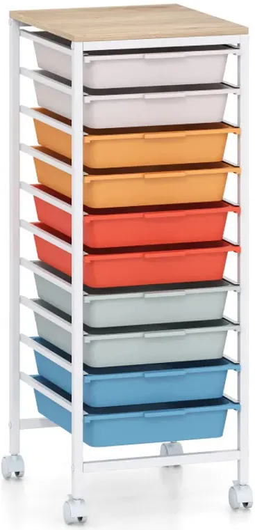 10-Drawer Rolling Storage Cart Mobile Utility Organizer with Wooden Tabletop and Lockable Wheels