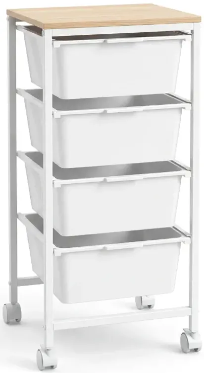 4-Drawer Rolling Storage Cart Mobile Utility Organizer with Wooden Tabletop and Lockable Wheels