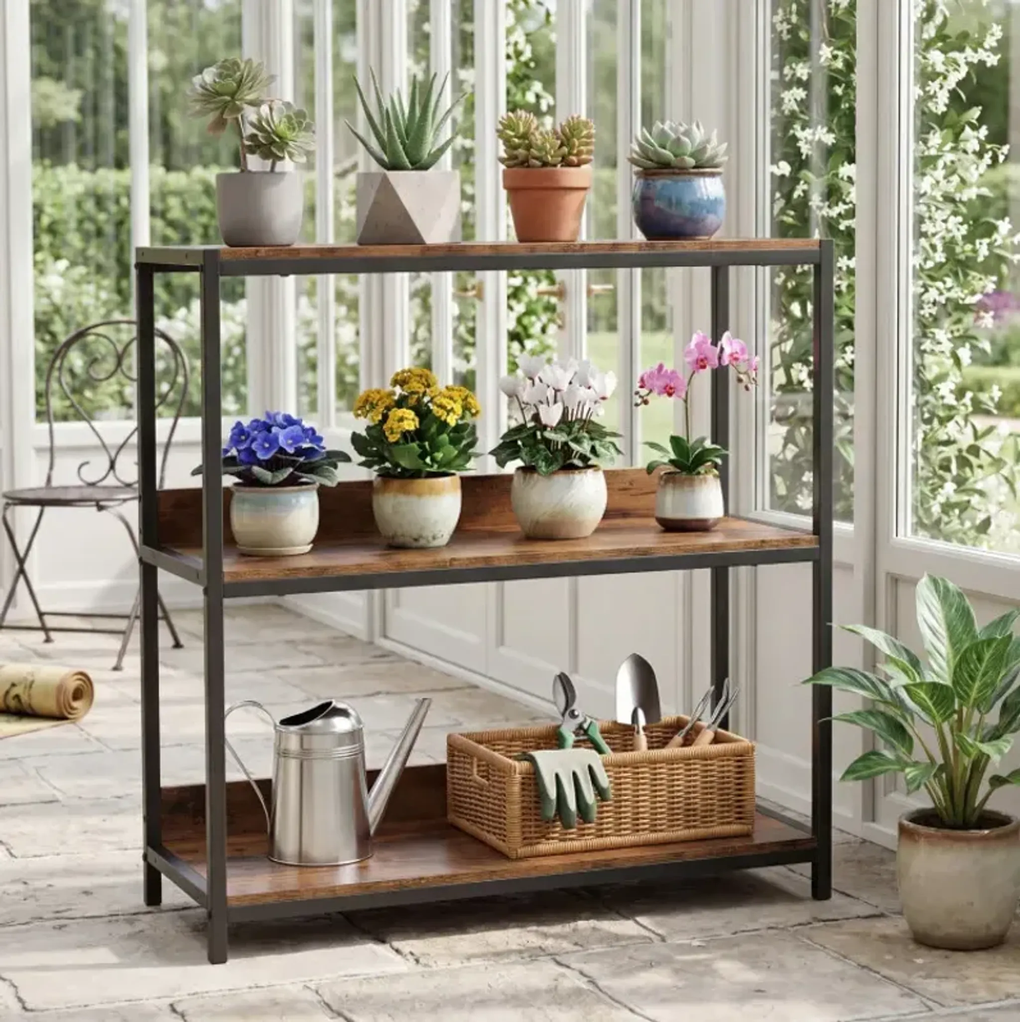 3 Tier Industrial Bookshelf With Wooden Shelves And Metal Frame