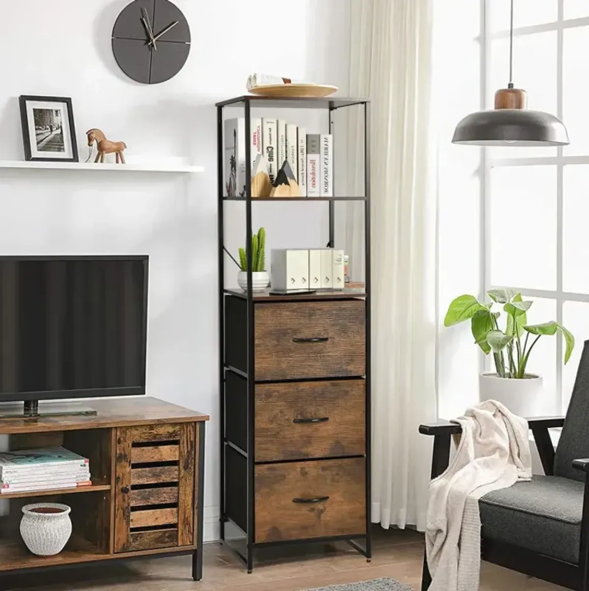 Tall Storage Rack Bookshelf with 3 Folding Drawers and 3 Shelves