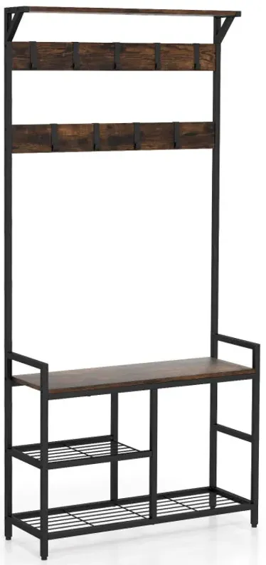 71 Inch Freestanding Hall Tree with Shoe Bench and 9 Removable Hooks