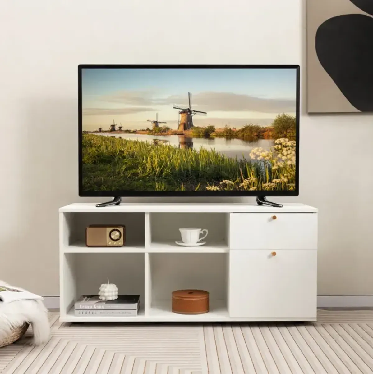 Storage Cabinet TV Console Cabinet with 2 Drawers and 4 Cubes for Entryway Living Room