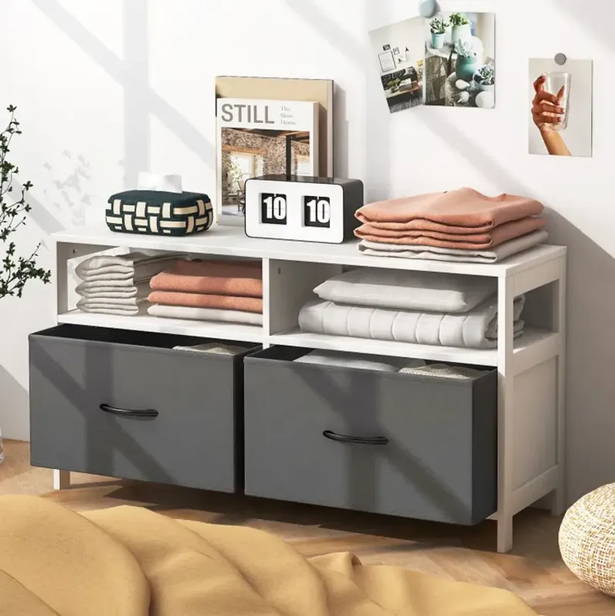Fabric Chest of Drawers with 2 Drawers and 2 Open Shelves