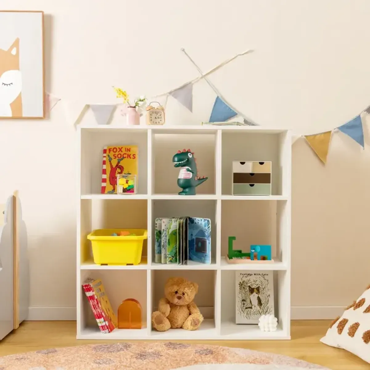 Wooden Kids Bookcase with Storage Cubbies and Anti-toppling Devices