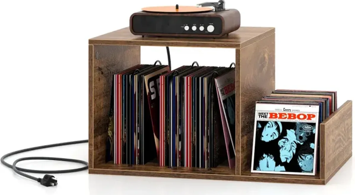 Mid-century Record Player Stand with Power Outlet and Vinyl Divider