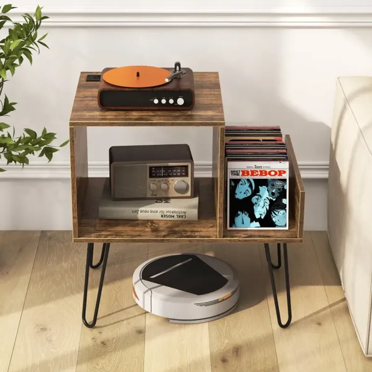 Mid-century Record Player Stand with Power Outlet and Vinyl Divider