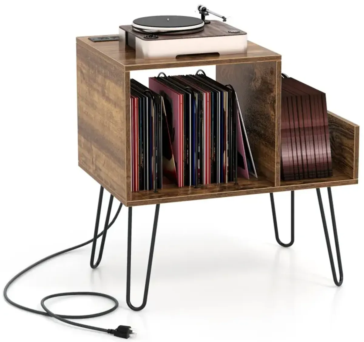 Mid-century Record Player Stand with Power Outlet and Vinyl Divider