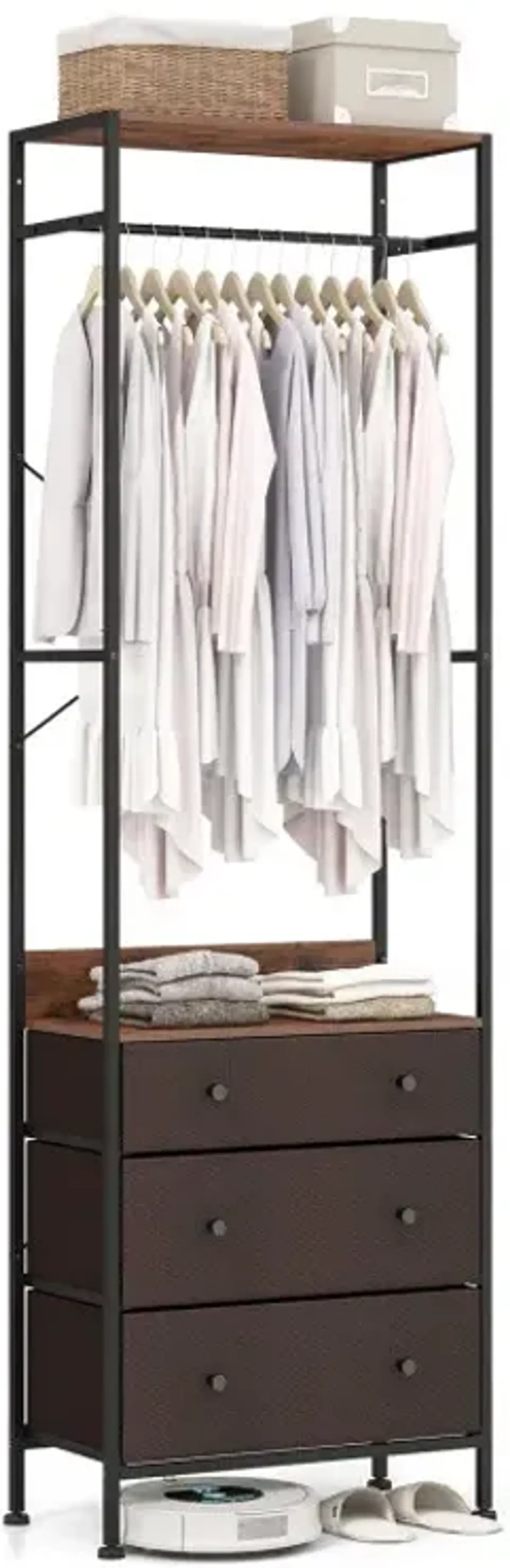 Freestanding Closet Organizer with 3-position Hanging Rod and Storage Shelves