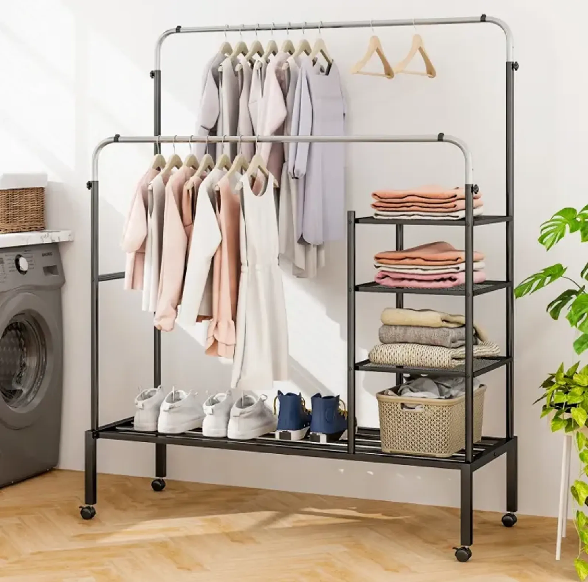 Rolling Double Rods Garment Rack With Height Adjustable Hanging Bars ...