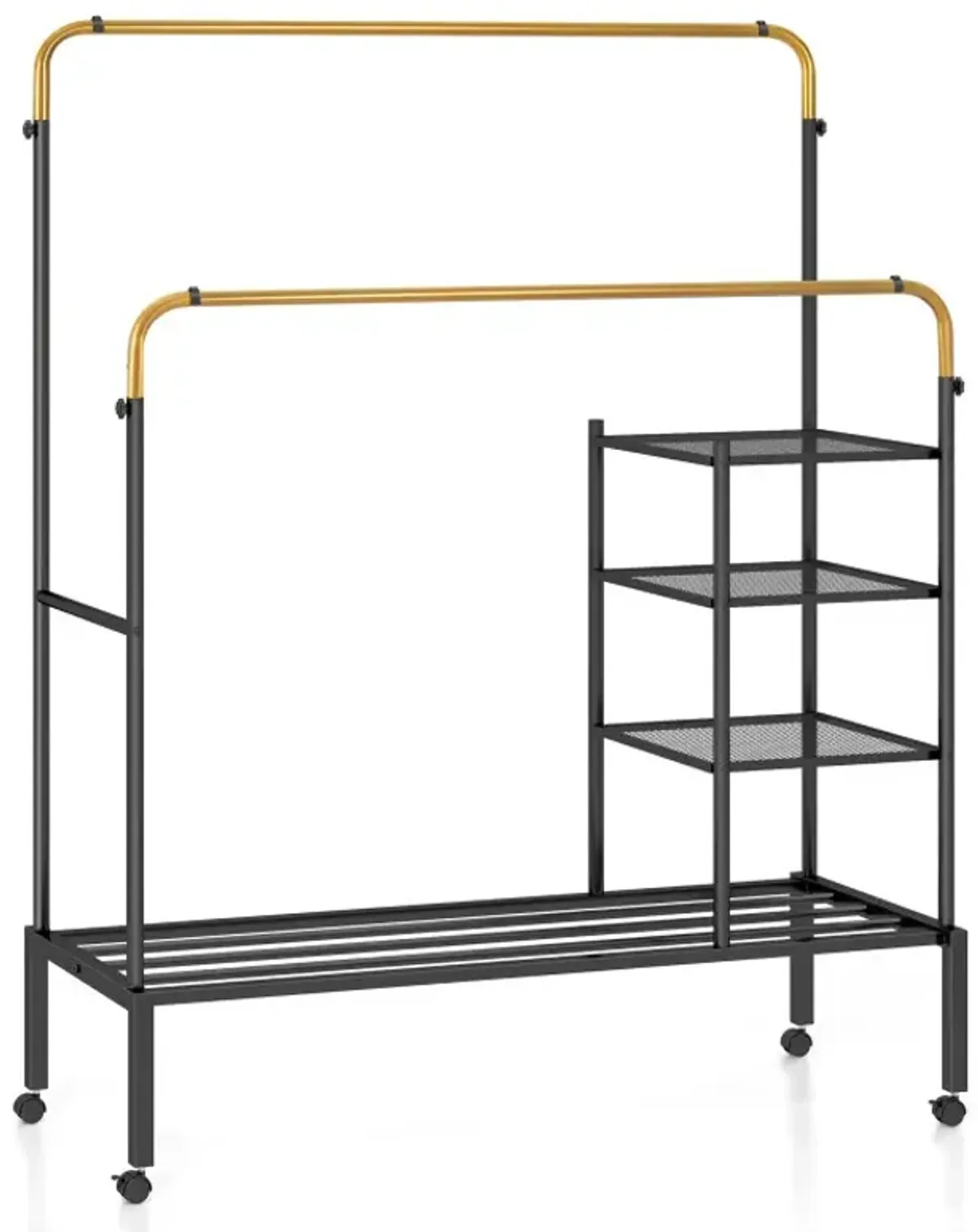 Rolling Double Rods Garment Rack with Height Adjustable Hanging Bars