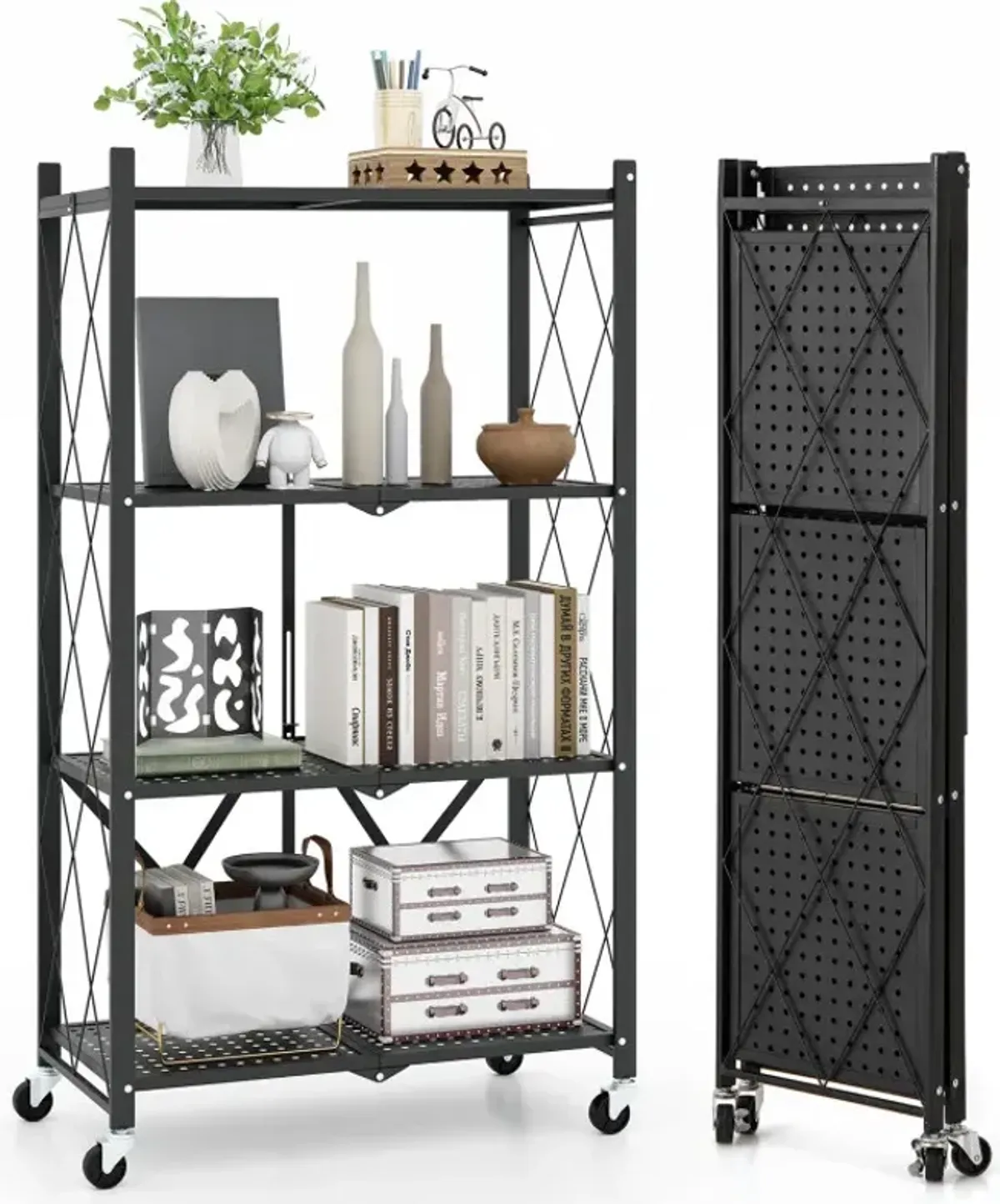 4-Tier Foldable Storage Shelf Collapsible Storage Rack with Lockable Wheels