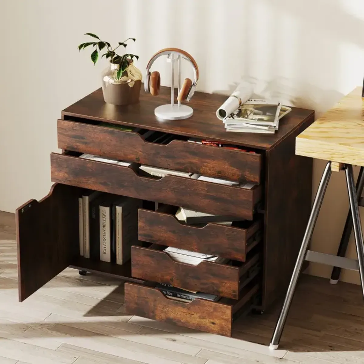 Modern Vertical 5-Drawer Mobile Chest with Door 5 Casters