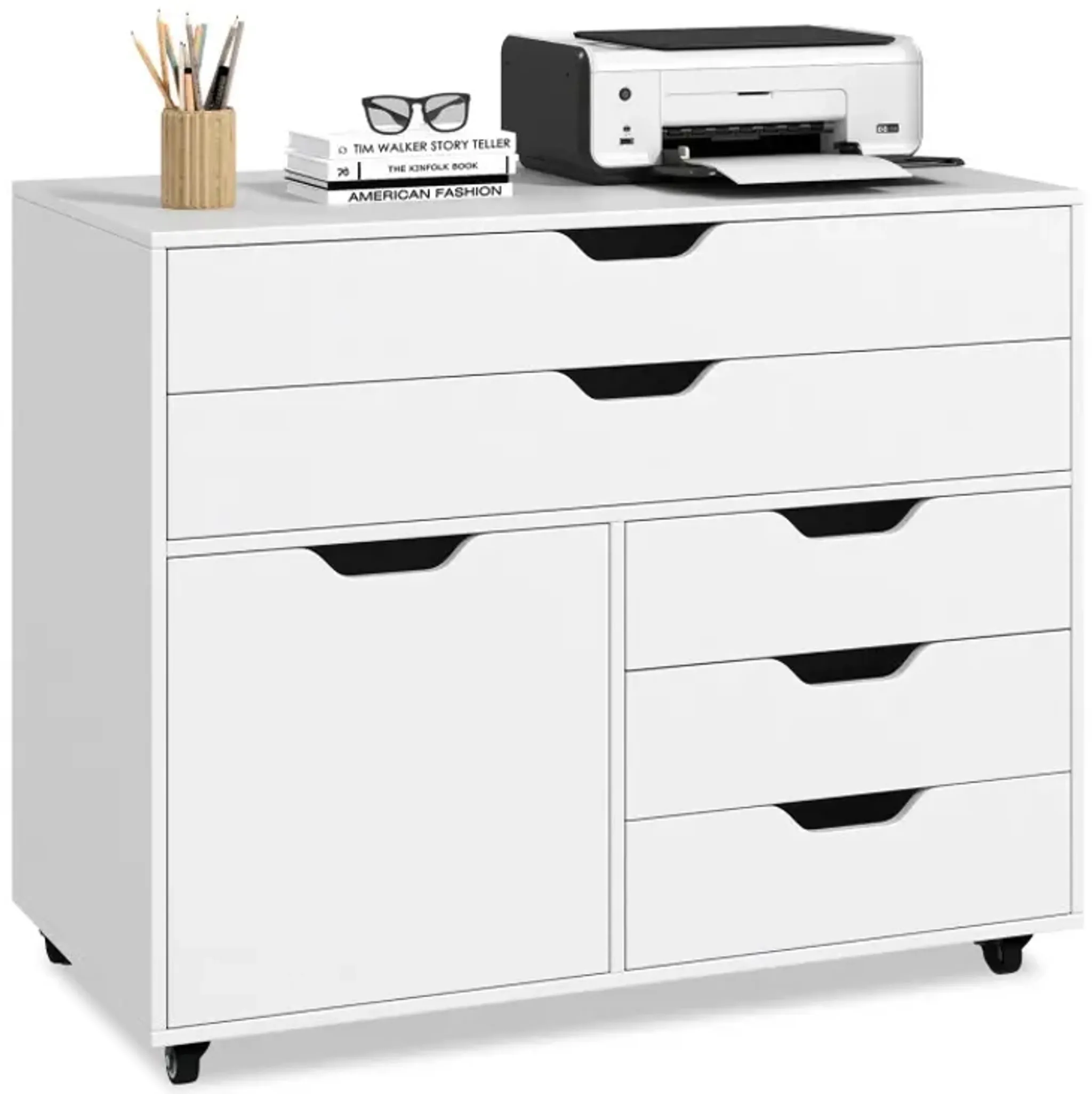 Modern Vertical 5 Drawer Mobile Chest With Door 5 Casters Costway ...