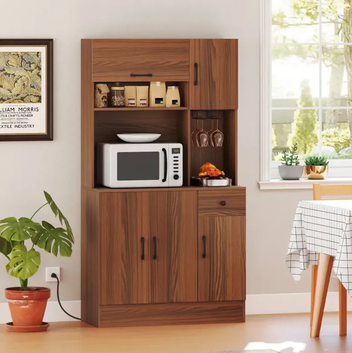 66 inch Pantry Cabinet with Charging Station and Microwave Stand