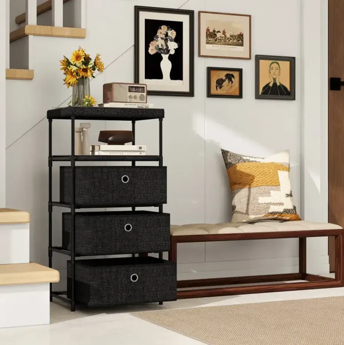 Dresser with 3/4 Drawers Fabric Storage Tower with Wood Top and Metal Frame