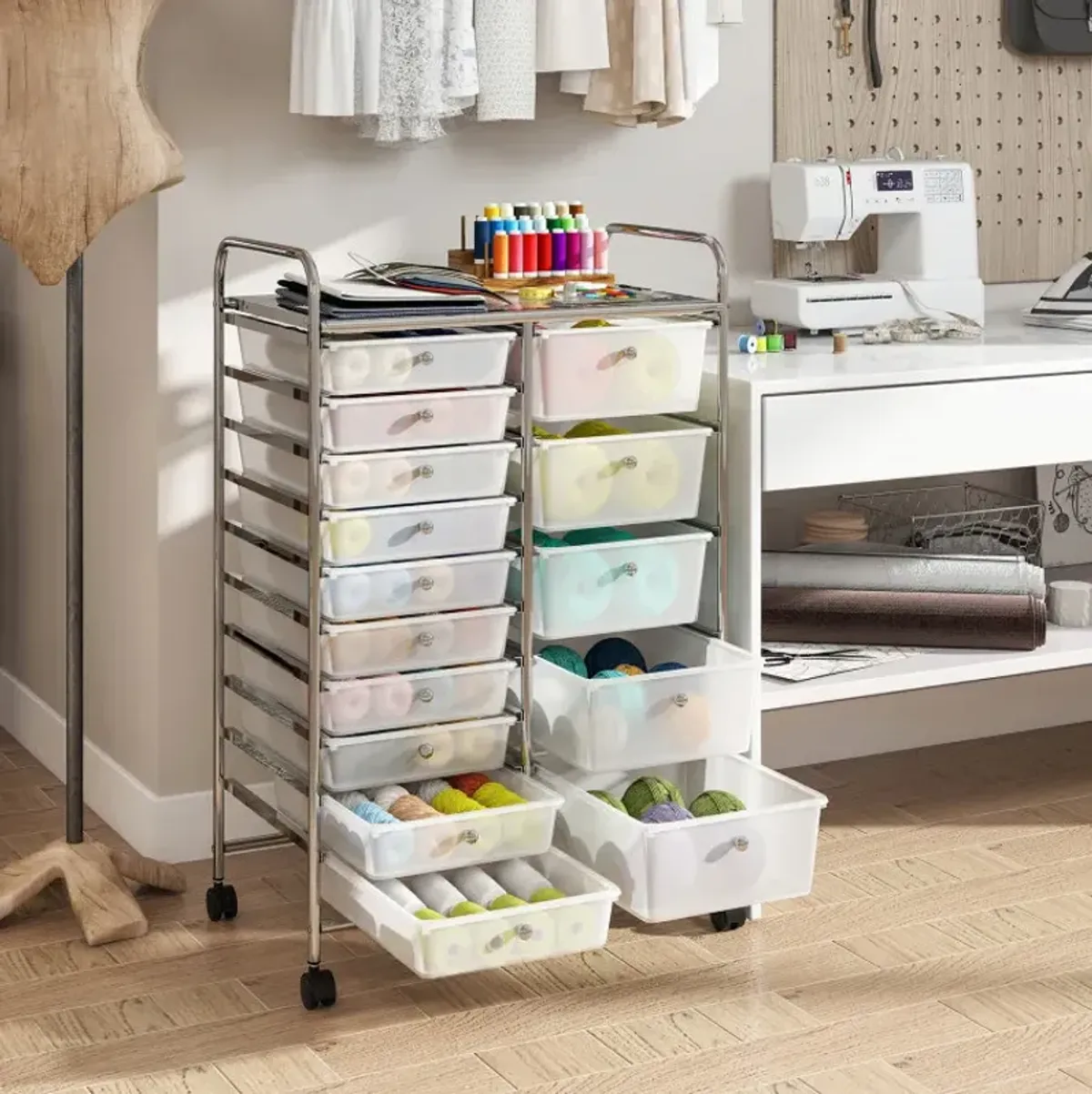 Rolling Storage Cart 15-Drawer Trolley with Chrome Plated Metal Frame