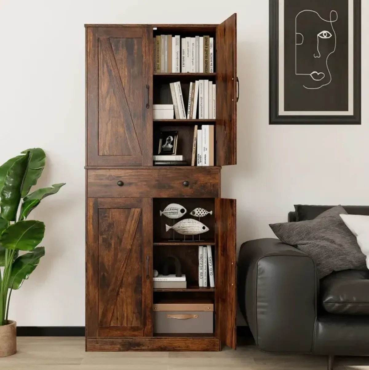 72 Inch Tall Modern Farmhouse Cupboard Cabinet with 4 Barn Doors