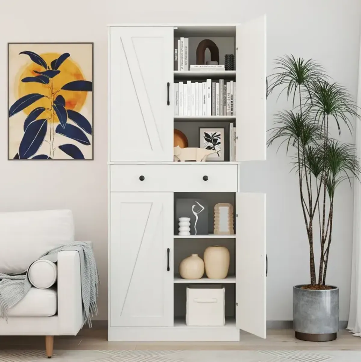 72 Inch Tall Modern Farmhouse Cupboard Cabinet with 4 Barn Doors