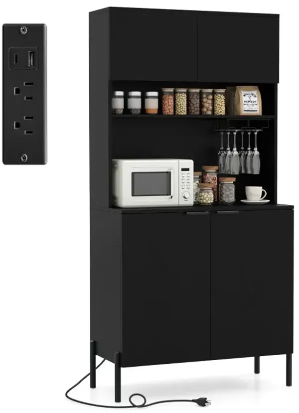 64.5 Inches Tall Kitchen Pantry Cabinet with Charging Station and Wine Glass Rack
