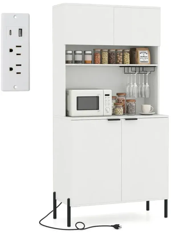 64.5 Inches Tall Kitchen Pantry Cabinet with Charging Station and Wine Glass Rack