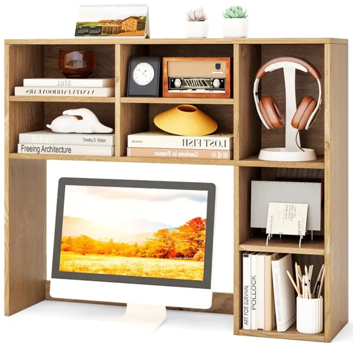 Desktop Bookshelf with 7 Open Cubbies and 3 Adjustable Shelves