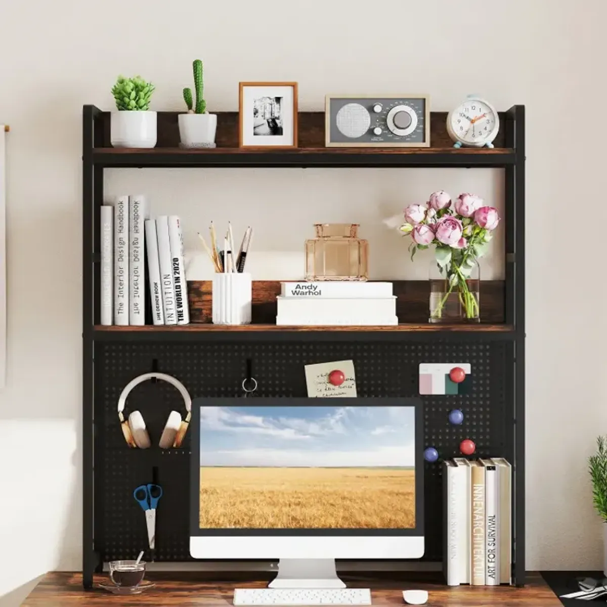 Multipurpose 2-Tier Desktop Bookshelf with Pegboard for up to 32 Inch Computer Monitor