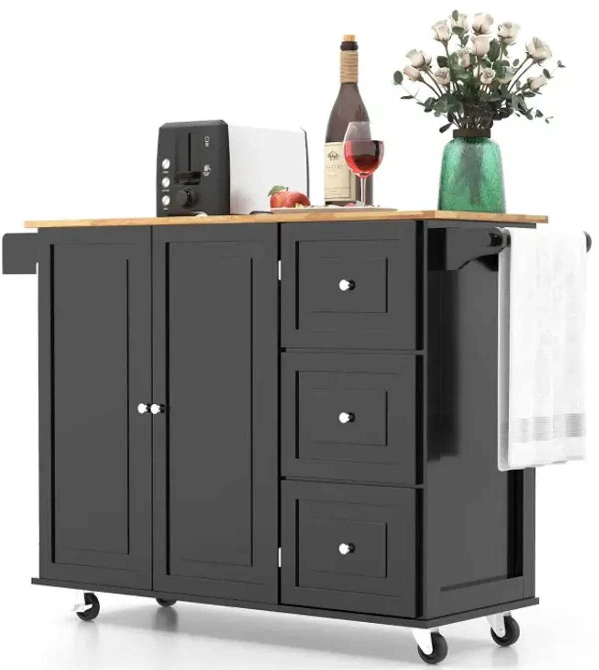 Kitchen Wood Island Trolley Cart with Drop-Leaf Tabletop and Storage Cabinet