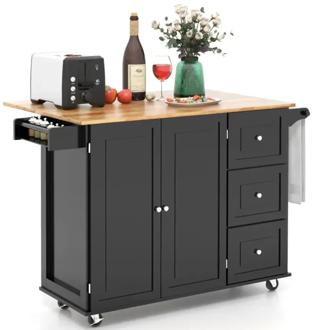 Kitchen Wood Island Trolley Cart with Drop-Leaf Tabletop and Storage Cabinet