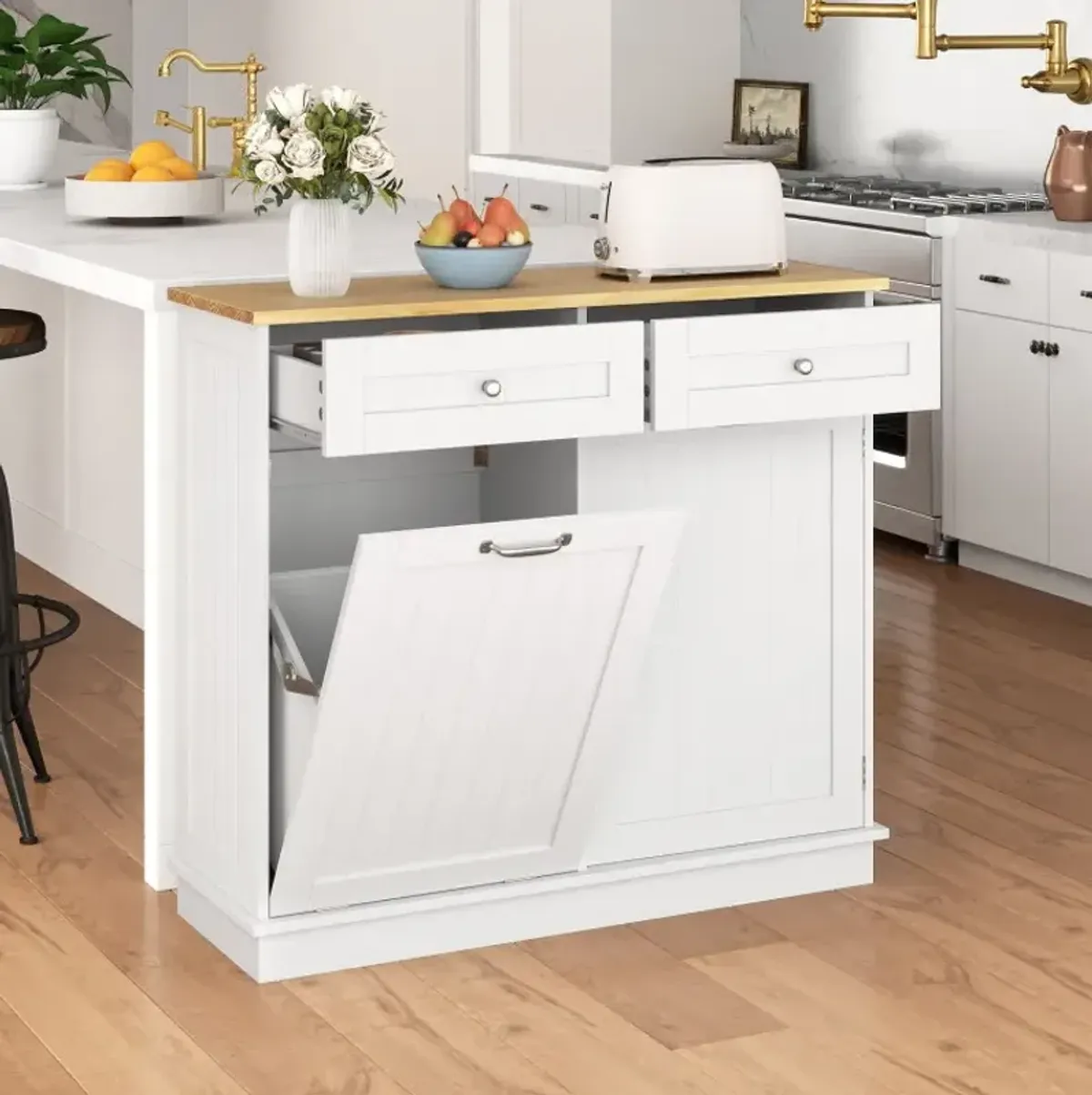 Kitchen Tilt Out Trash Cabinet with 2 Drawers and Adjustable Shelf