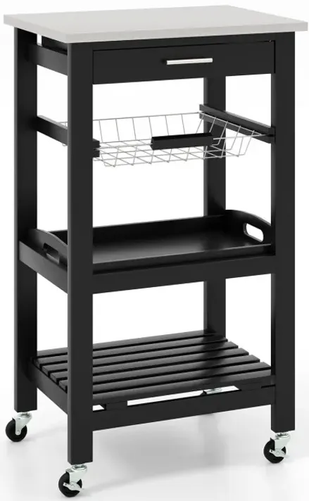 Kitchen Rolling Island Cart with Stainless Steel Tabletop and Basket