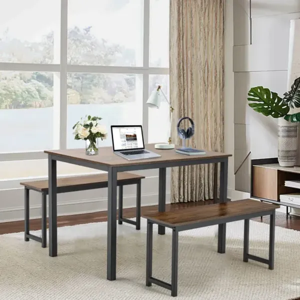 3 Pieces Dining Table Set with 2 Benches for Dining Room Kitchen Bar