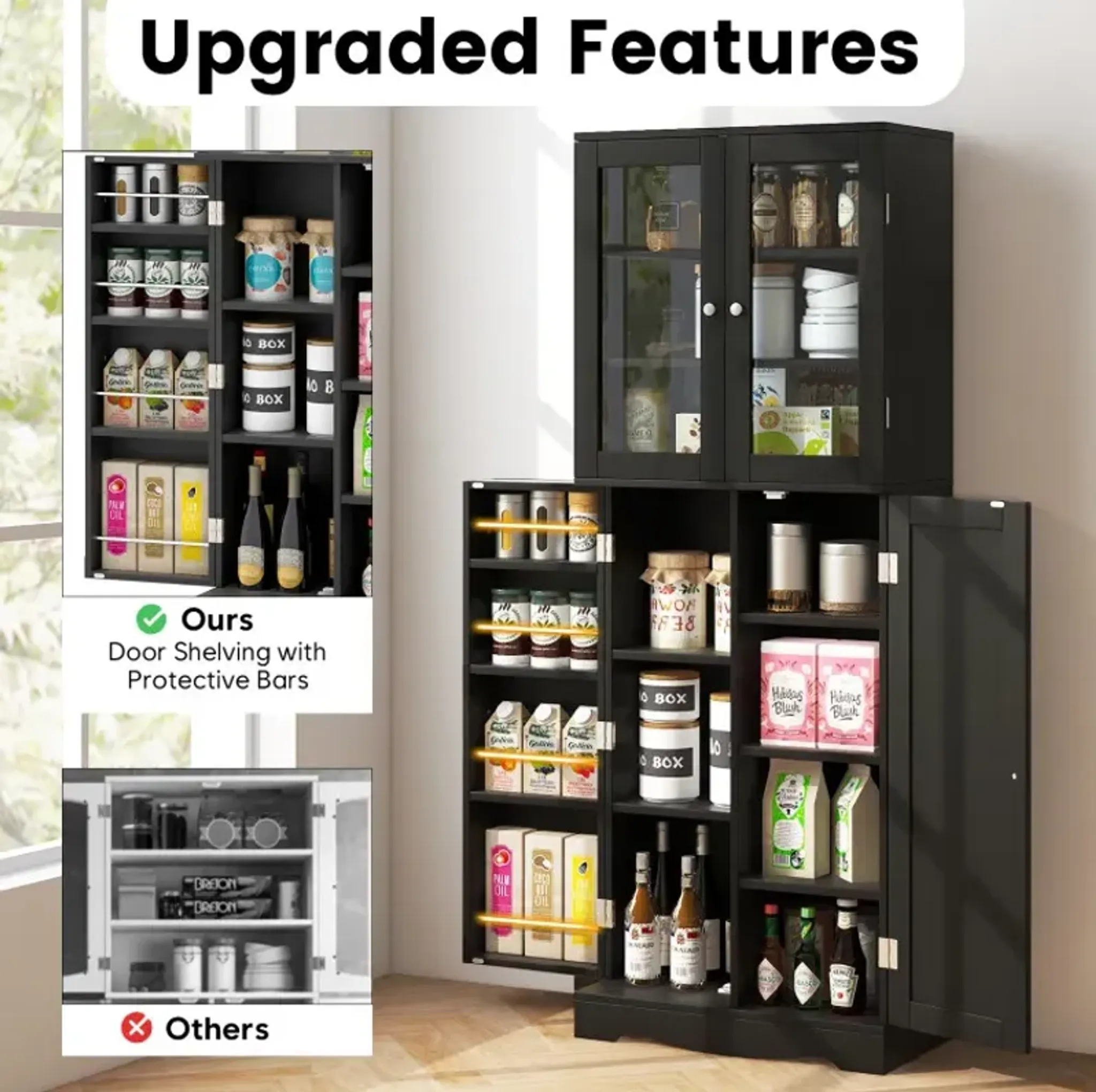 Tall Kitchen Pantry Cabinet With Dual Tempered Glass Doors And Shelves ...