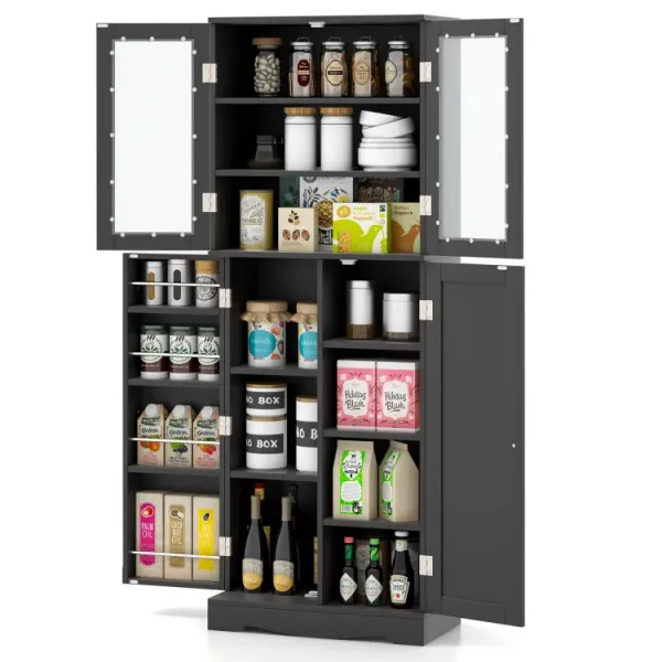 Tall Kitchen Pantry Cabinet with Dual Tempered Glass Doors and Shelves