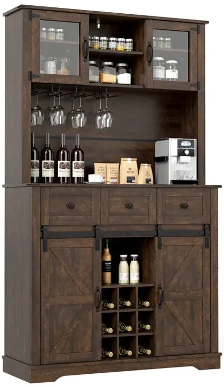 72 Inch Coffee Bar Cabinet with Drawers and Sliding Barn Doors