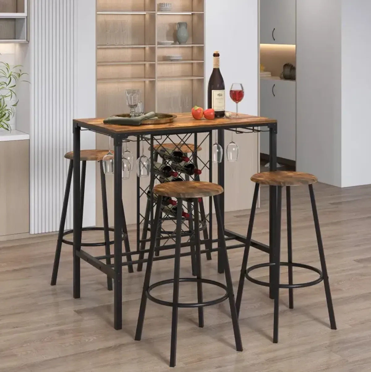 5 Pieces Bar Table and Stools Set with Wine Rack and Glass Holder