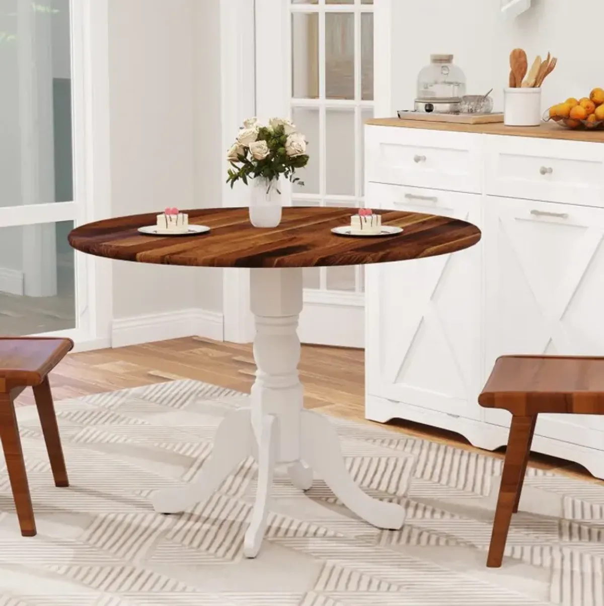 Wooden Dining Table with Round Tabletop and Trestle Legs