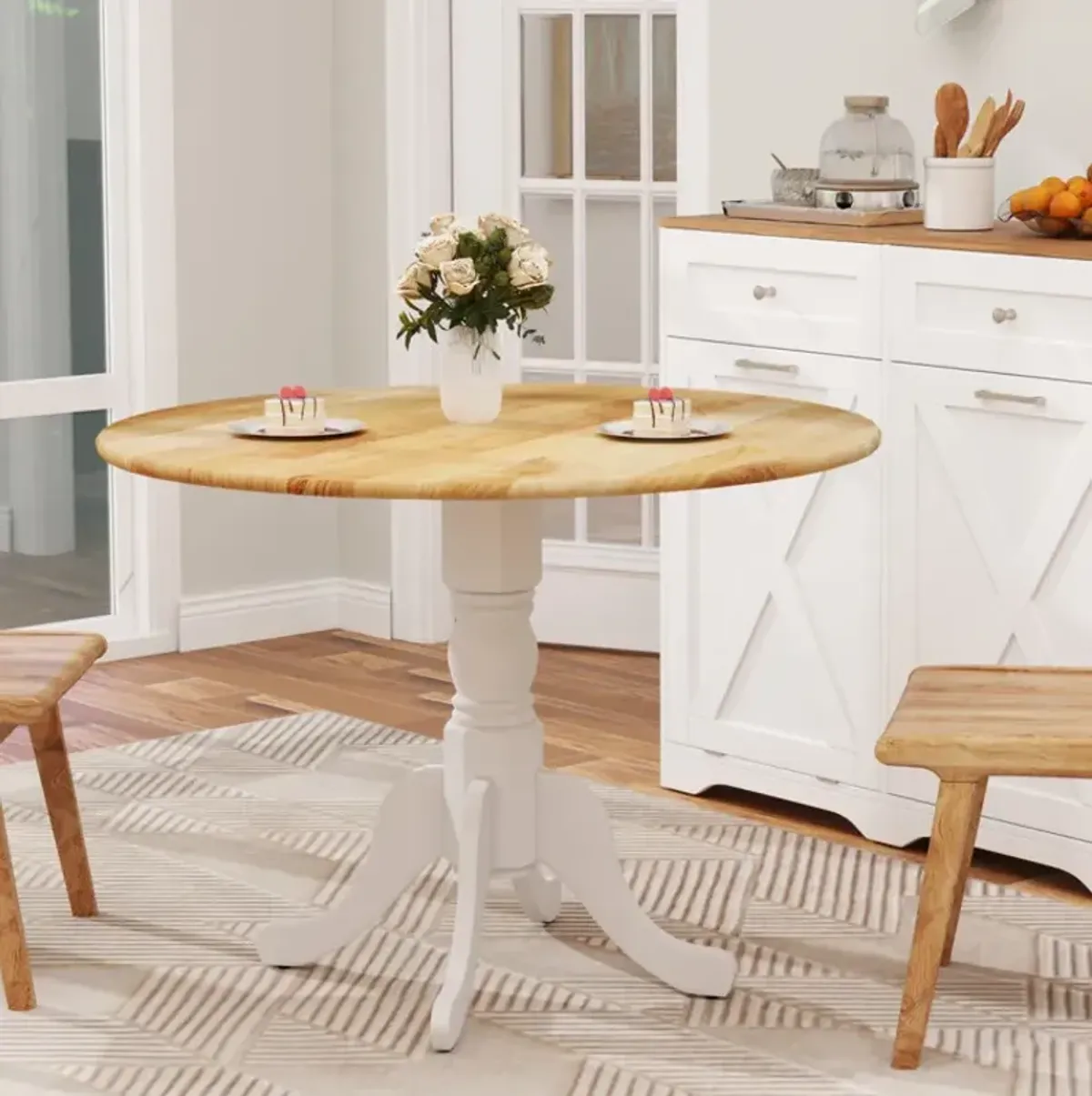 Wooden Dining Table with Round Tabletop and Trestle Legs