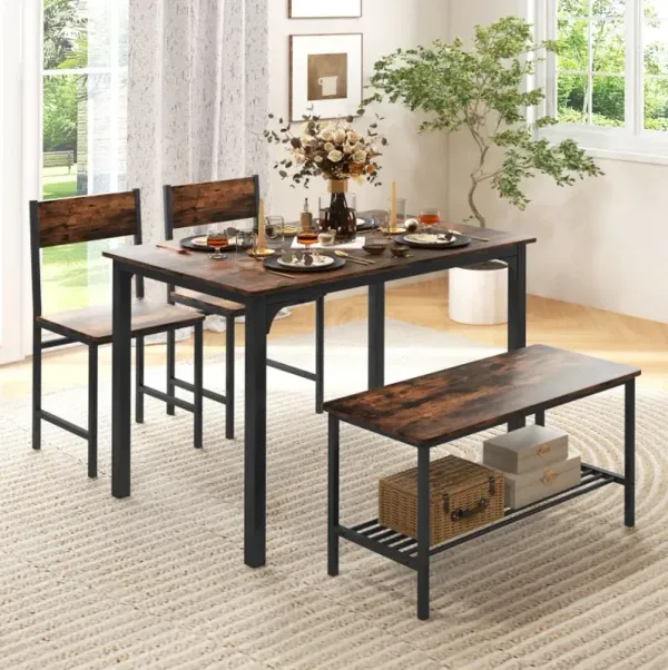 4 Pieces Rustic Dining Table Set with 2 Chairs and Bench