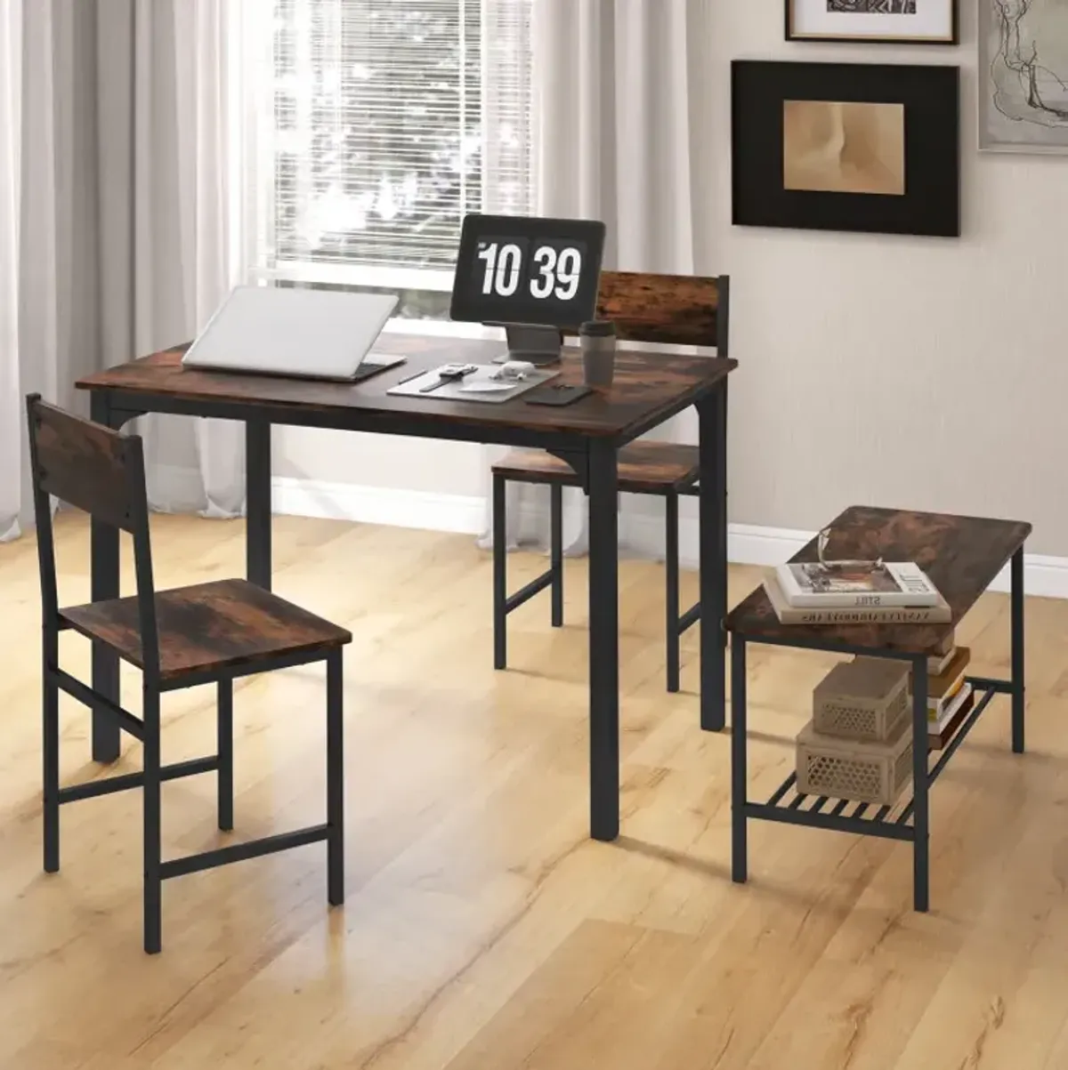 4 Pieces Rustic Dining Table Set with 2 Chairs and Bench