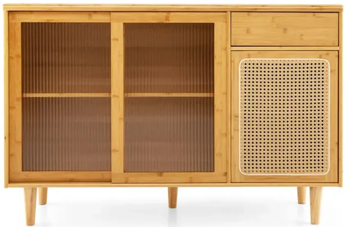 Modern Bamboo Buffet Sideboard Cabinet with Tempered Glass Sliding Doors