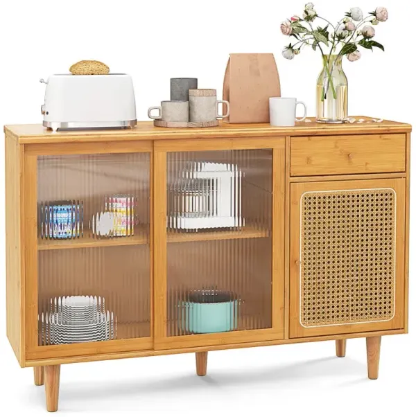 Modern Bamboo Buffet Sideboard Cabinet with Tempered Glass Sliding Doors