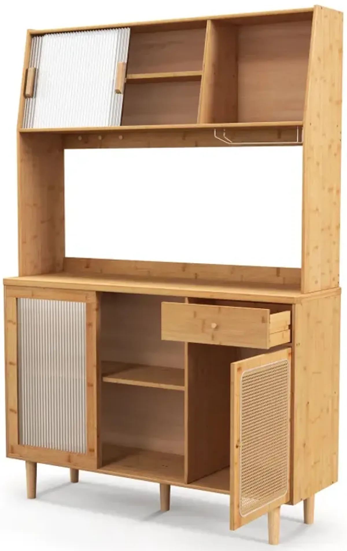 69 Inch Wine Bar Kitchen Cabinet with Sliding Tempered Glass and Rattan Door