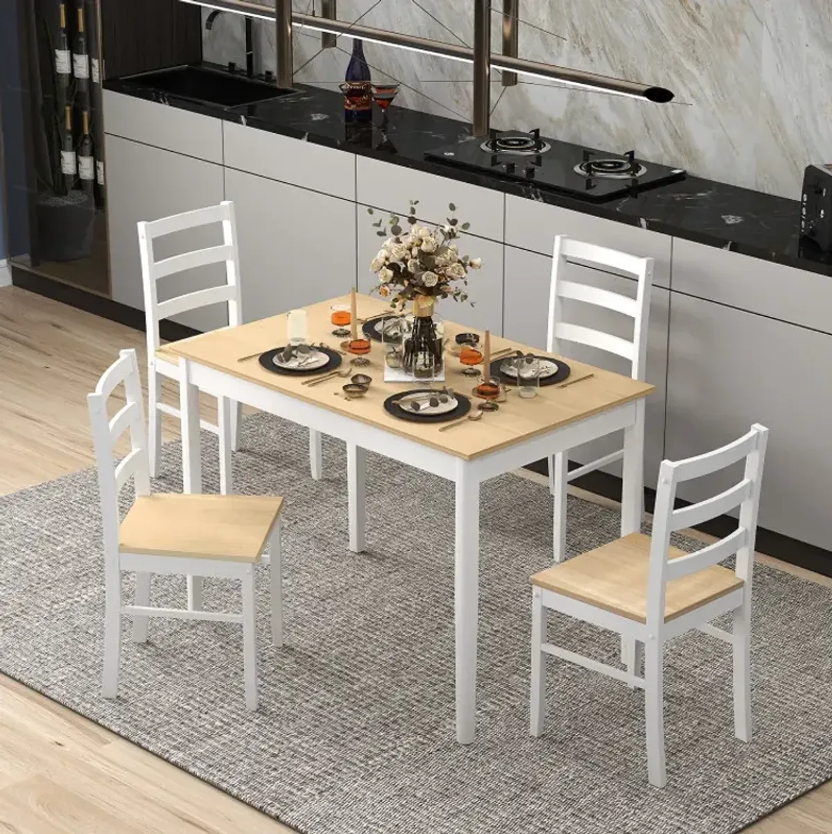 5-Piece Wooden Dining Set with Rectangular Table and 4 Chairs