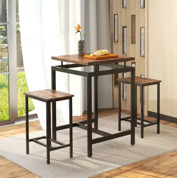3 Pieces Pub Dining Table Set with Floating Tabletop and Footrest