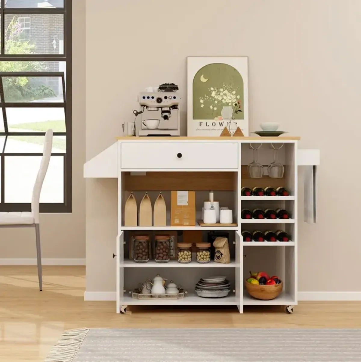 Drop Leaf Mobile Kitchen Island Cart with Power Outlet and Adjustable Shelf